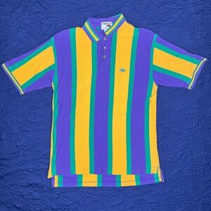 PERLIS Mens Striped Polo Shirt Purple Green Yellow cajun Golf Casual Size M
